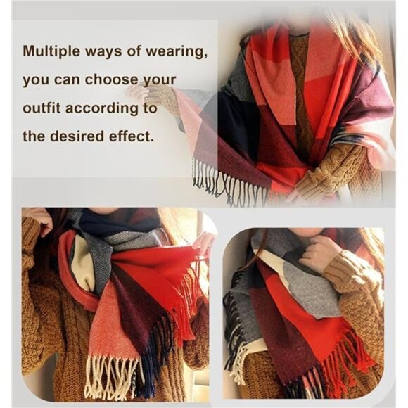 Blanket Scarf Long Plaid Women's Chunky Oversized Fall Warm Winter Brown Red - Picture 5 of 7